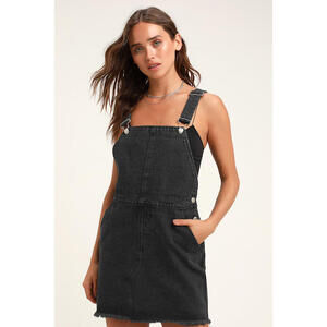 Lulus Aria Washed Black Denim Skirt Overalls - Size S